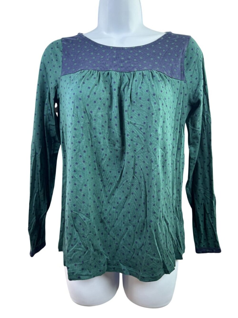 Boden Green Navy Polka Dot Long Sleeve Top Size 6 Tencel Cotton Blend Boho